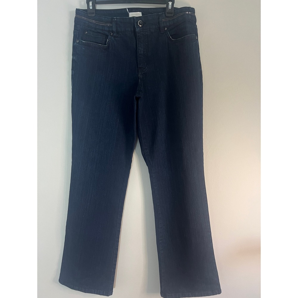 Madison Womens Dark Wash Sequin Embellished Straight Leg Jeans Blue Size 12